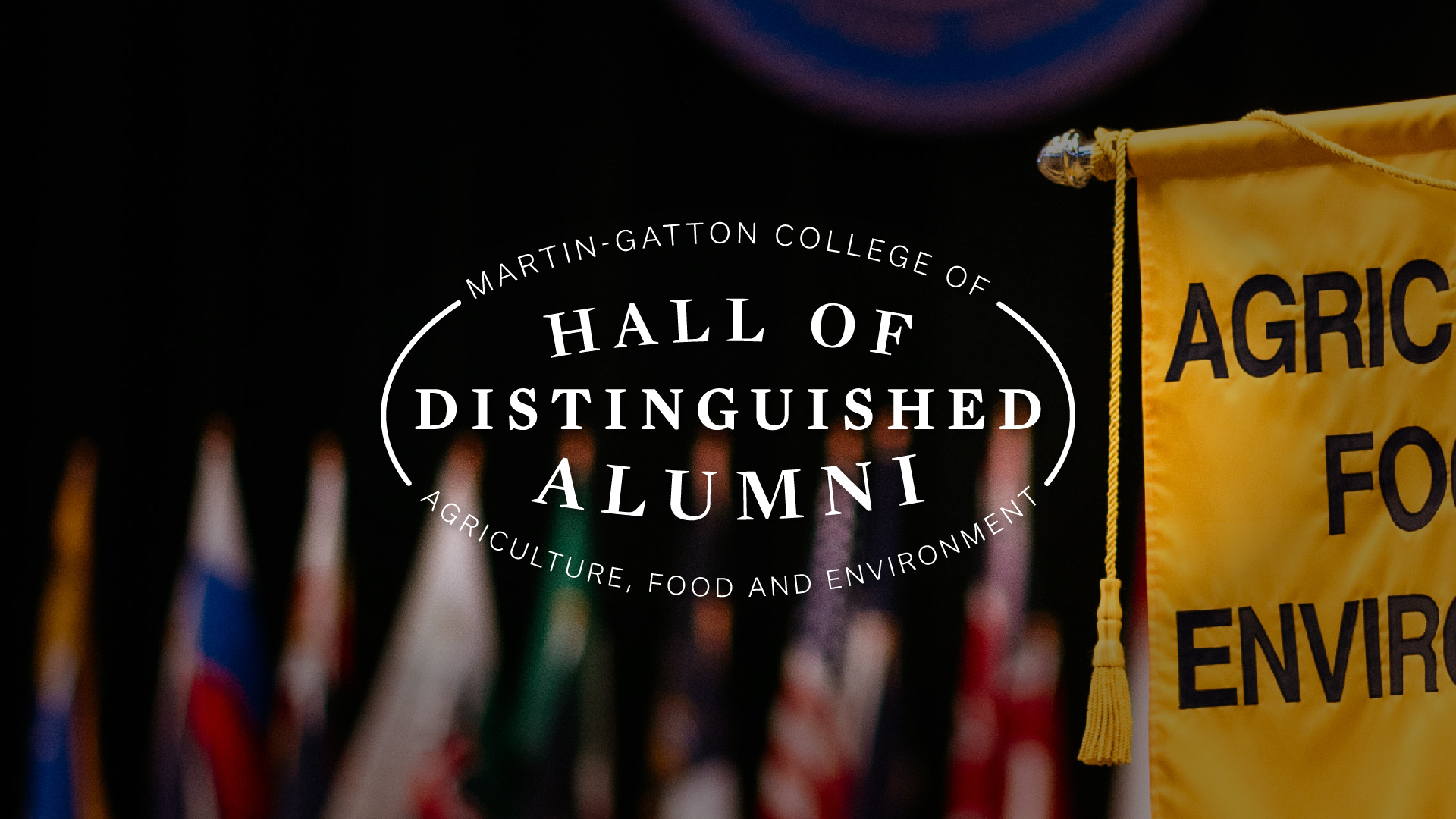 Hall of Distinguished Alumni (HODA) text over image including a yellow M-G CAFE Banner