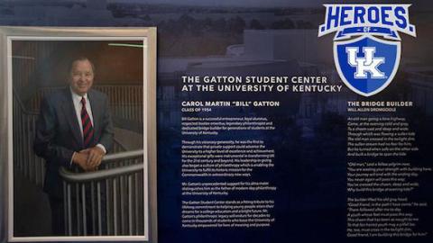 A wall tells the story of Bill Gatton at the Student Center